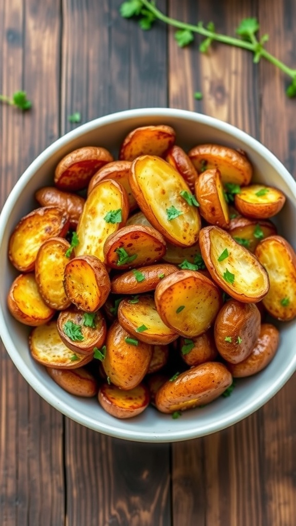 Crispy Air Fryer Fingerling Potatoes Recipe Crispy air fryer fingerling potatoes garnished with herbs in a bowl on a wooden table.